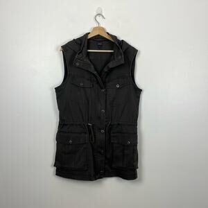 JAG Jean Hooded Field Vest Womens Medium Drawstring Waist Zip Snap 4 Pocket Coat